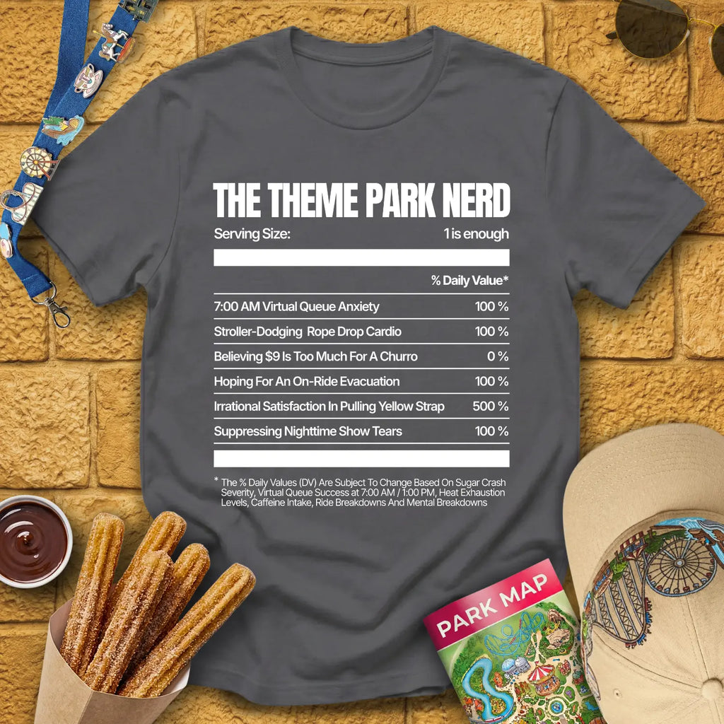 Theme Park Nerd Facts [Nutrition] T-Shirt for Theme Park Fans (Charcoal)