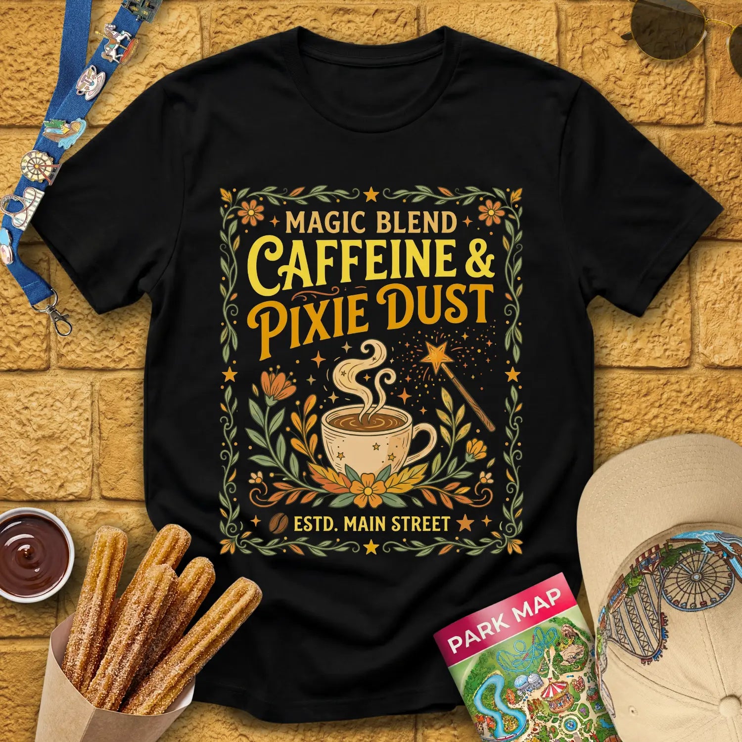Caffeine & Pixie Dust [RetroBoho2] T-Shirt for Theme Park Fans (Black)