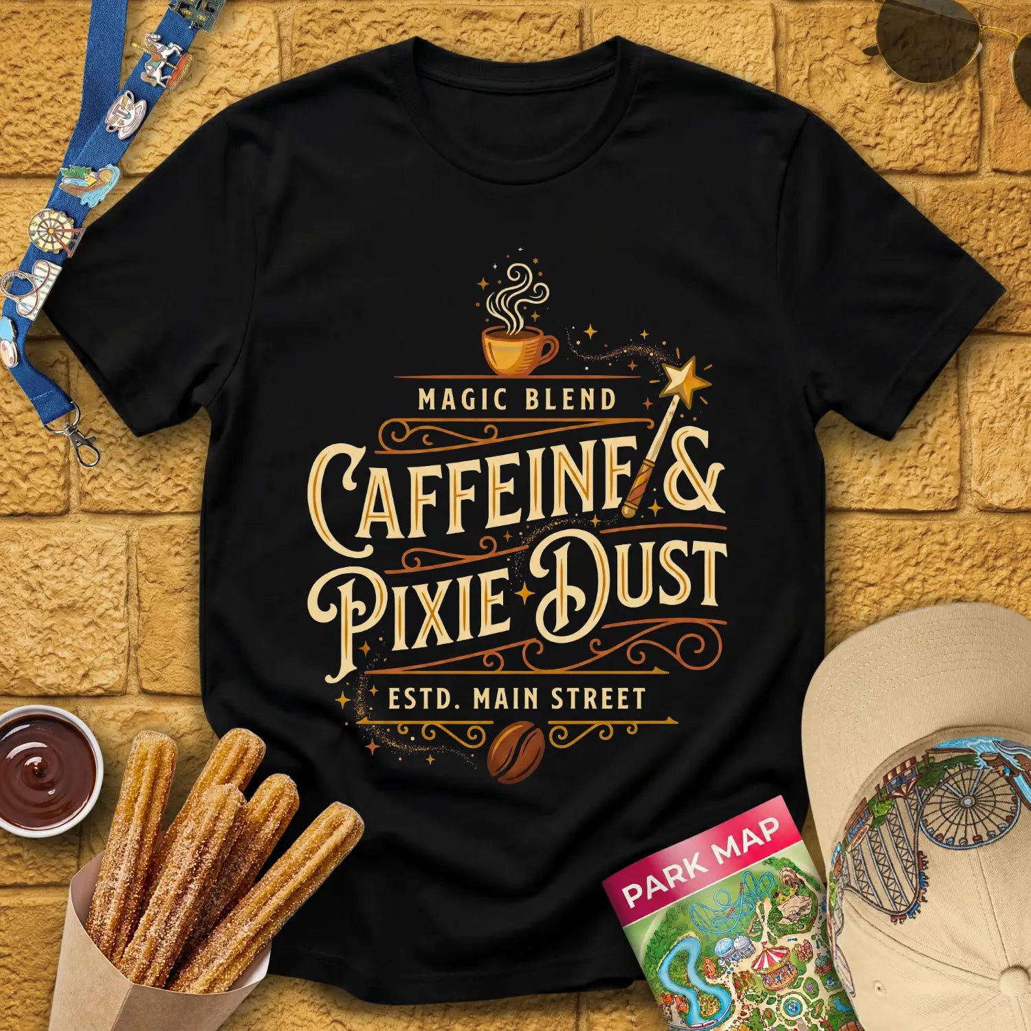 Caffeine & Pixie Dust [VictorianOval] T-Shirt for Theme Park Fans (Black)