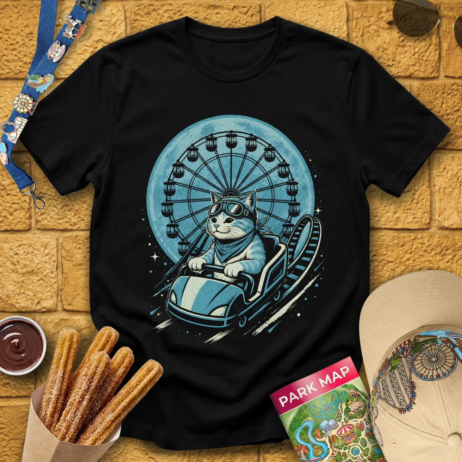 Cat Coaster [JapRetro] T-Shirt for Theme Park Fans (Black)