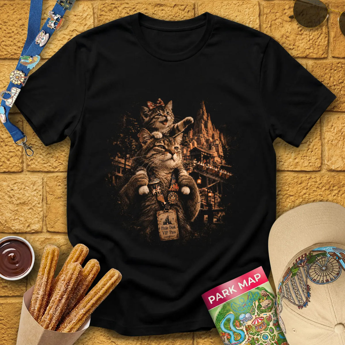 Cat Family [Cinematic] T-Shirt for Theme Park Fans (Black)