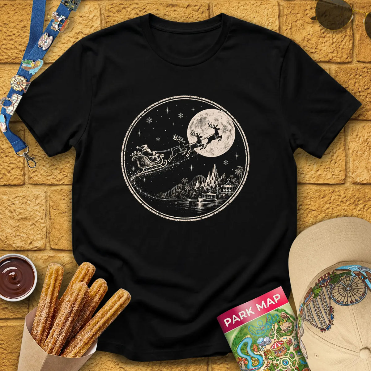 Christmas Park Flight [Badge] T-Shirt for Theme Park Fans (Black)