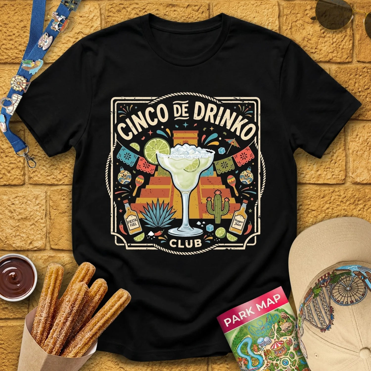 Cinco De Drinko [Square] T-Shirt for Theme Park Fans (Black)
