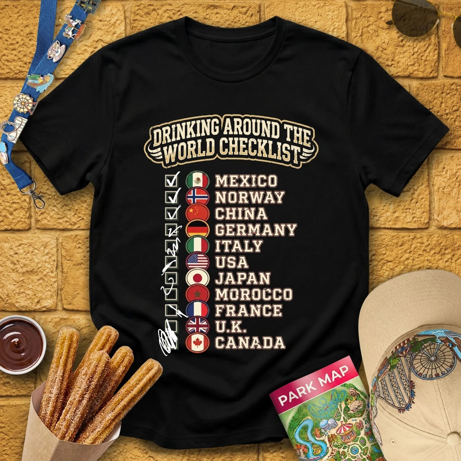 Drinking Checklist [College] T-Shirt for Theme Park Fans (Black)