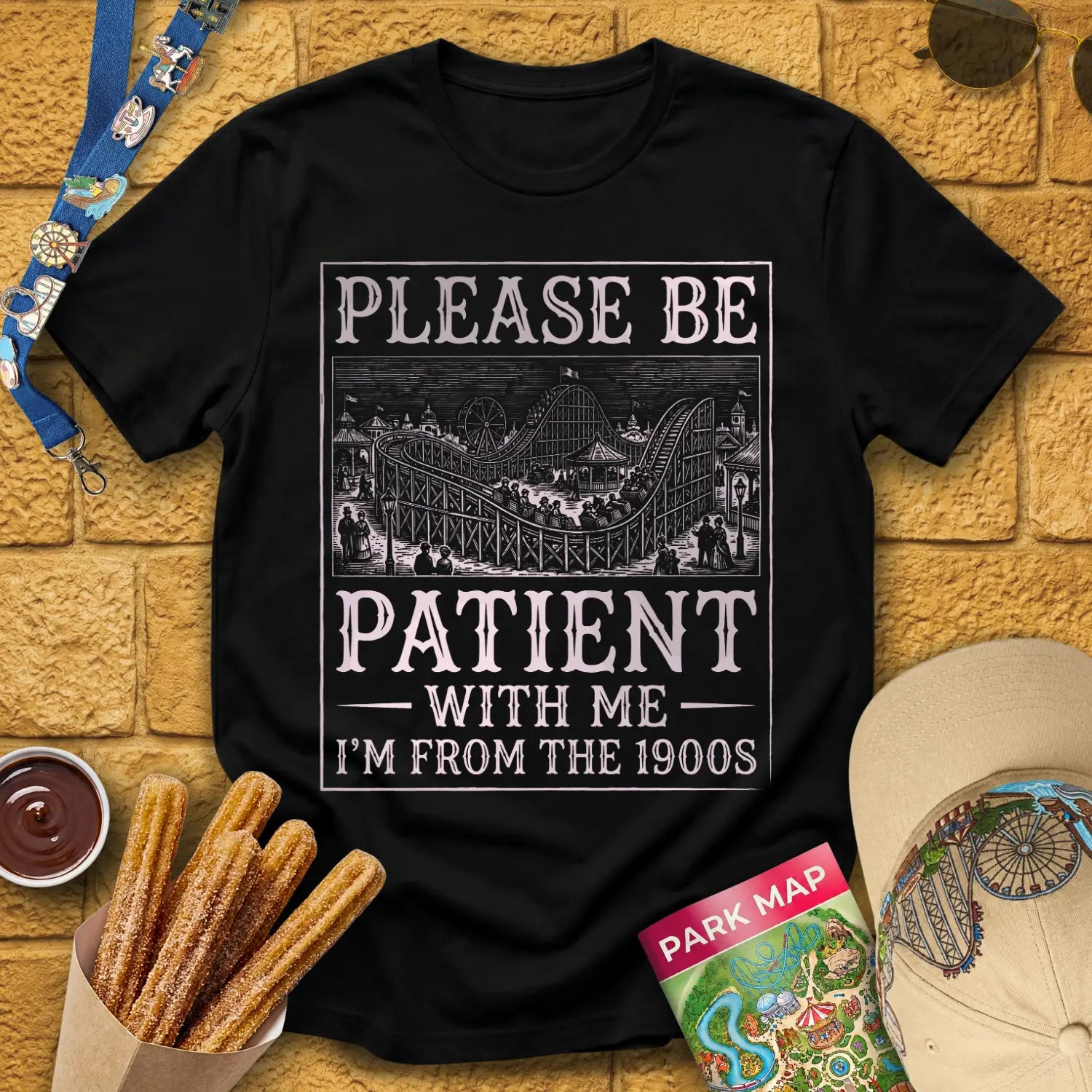 From The 1900s [Woodcut] T-Shirt for Theme Park Fans (Black)