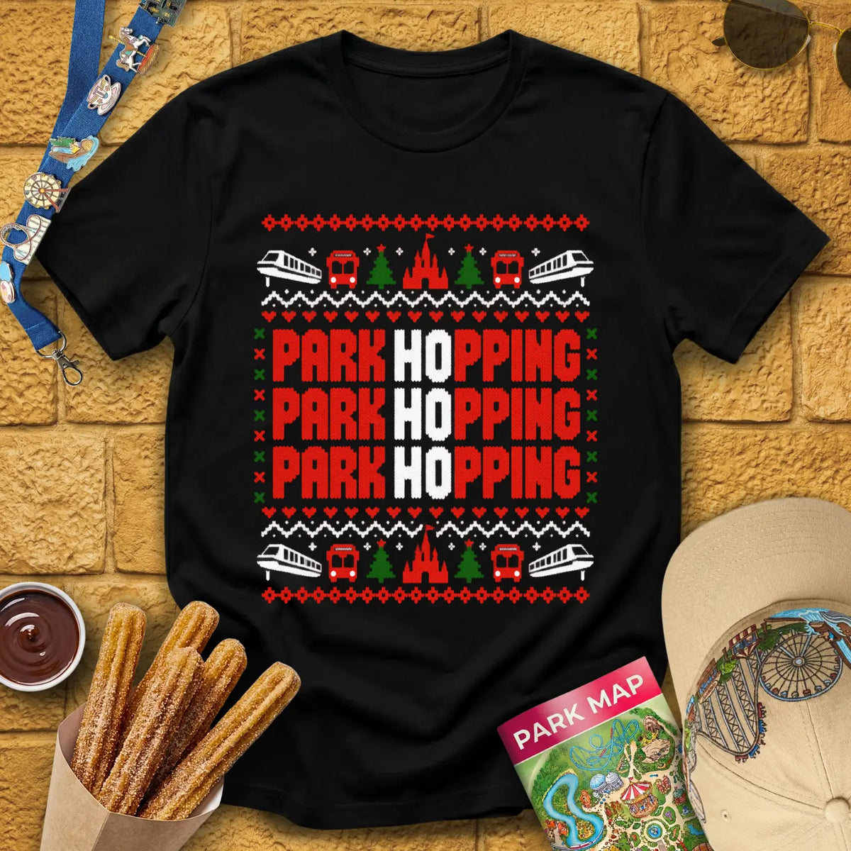 Ho Ho Hopping [PixKnit] T-Shirt for Theme Park Fans (Black)