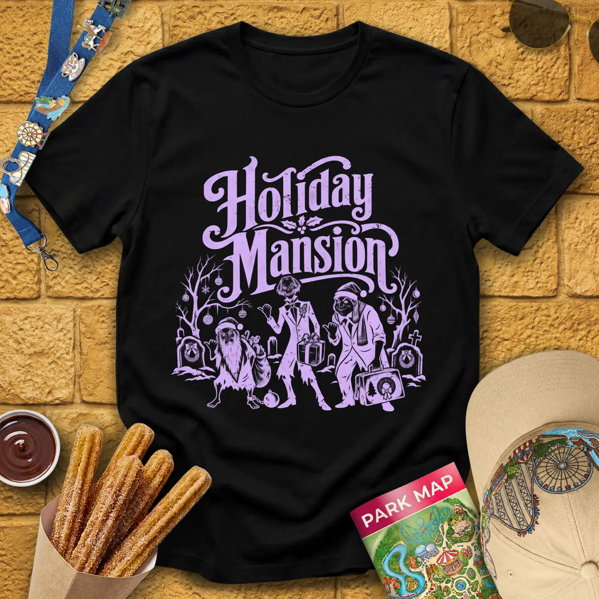 Holiday Mansion Ghosts [Retro] T-Shirt for Theme Park Fans (Black)