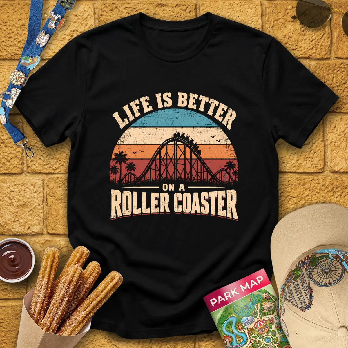 Life's Better On Coaster [Sunset] T-Shirt for Theme Park Fans (Black)