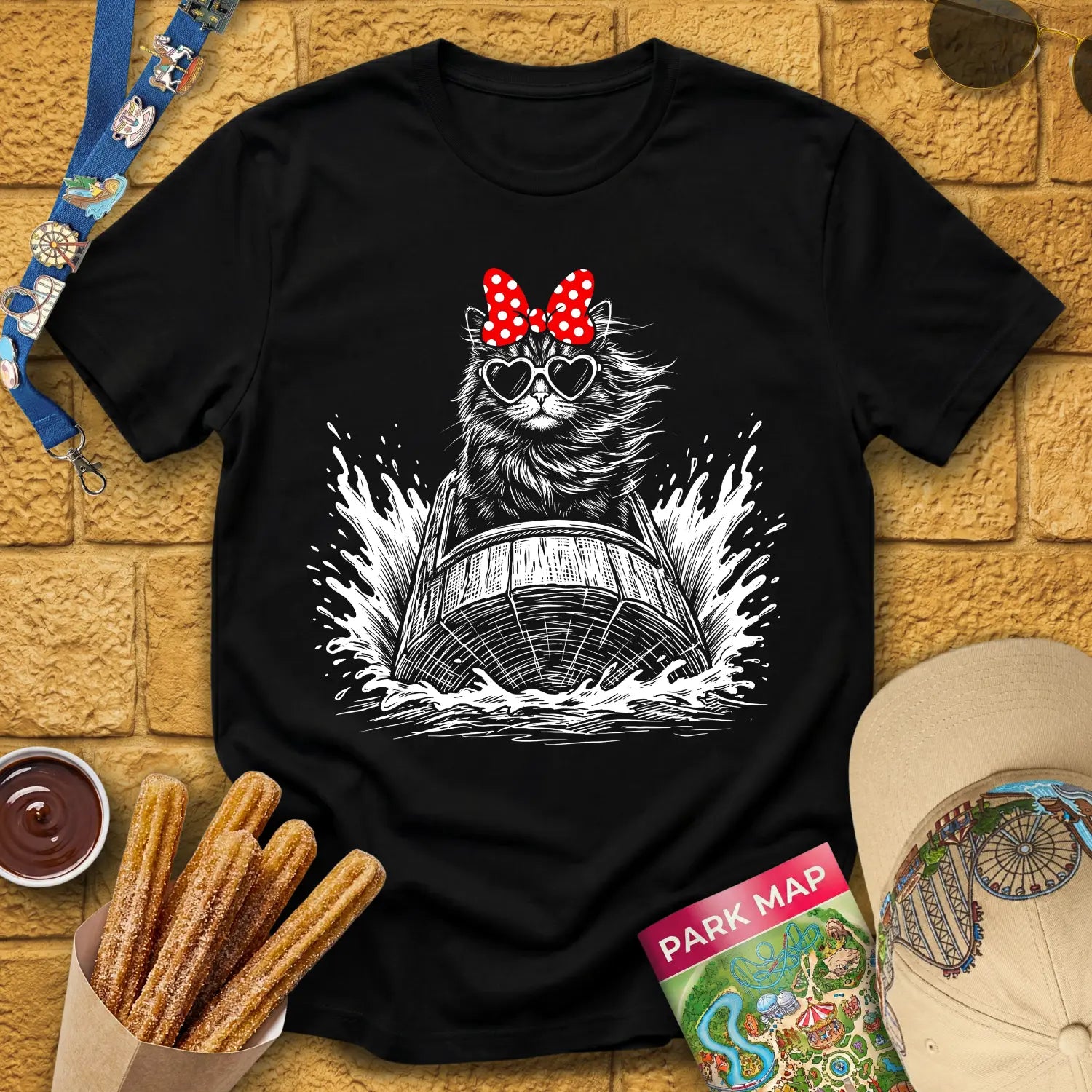 Log Flume Cat [PopInk] T-Shirt for Theme Park Fans (Black)