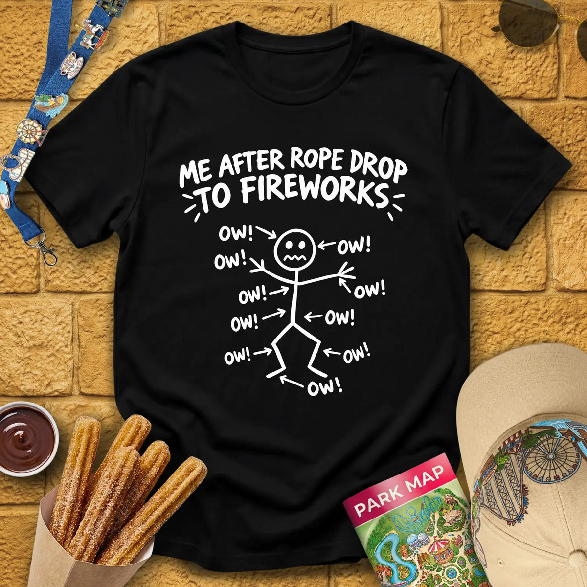 OW! Me After... [Sketch] T-Shirt for Theme Park Fans (Black)