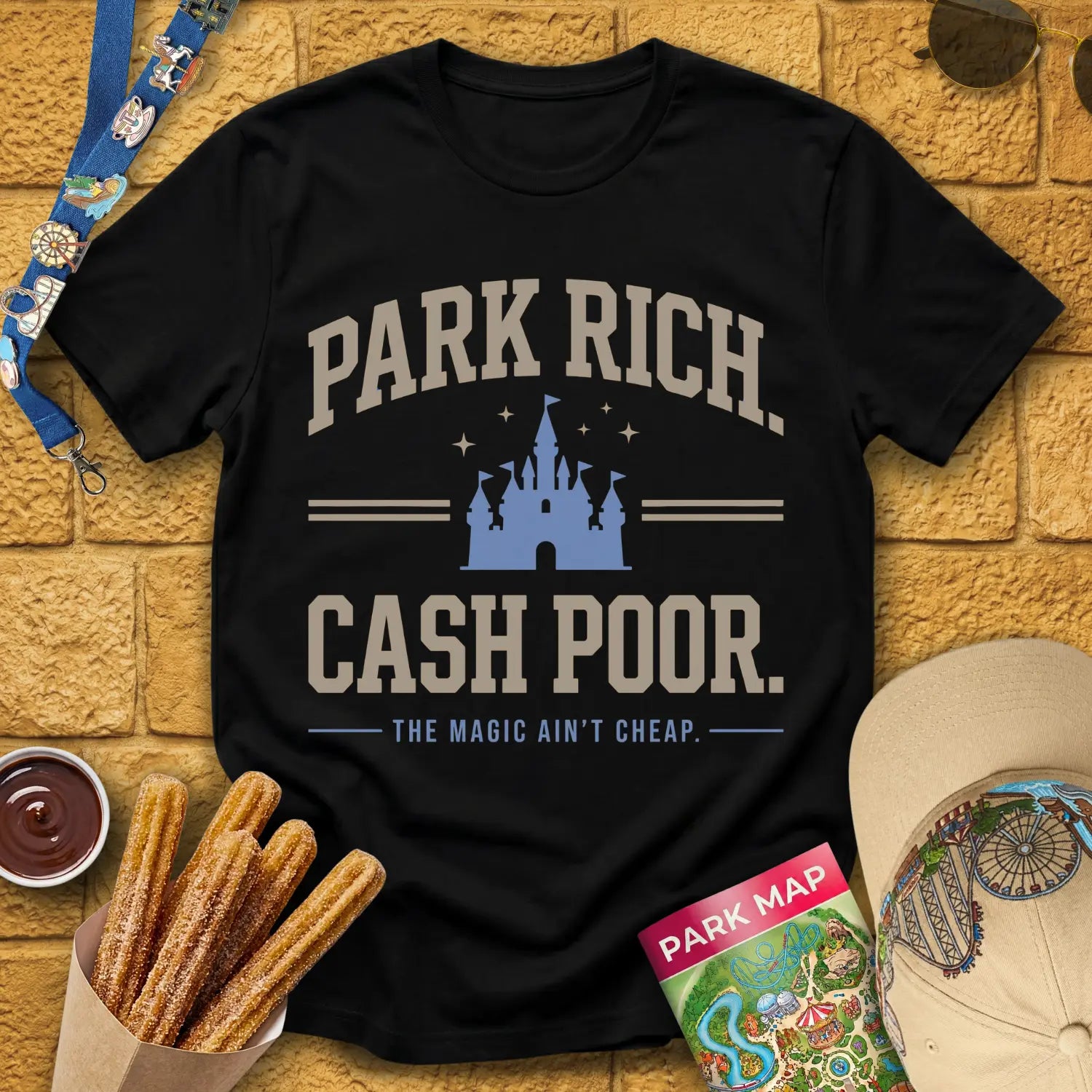 Park Rich Cash Poor [College] T-Shirt for Theme Park Fans (Black)
