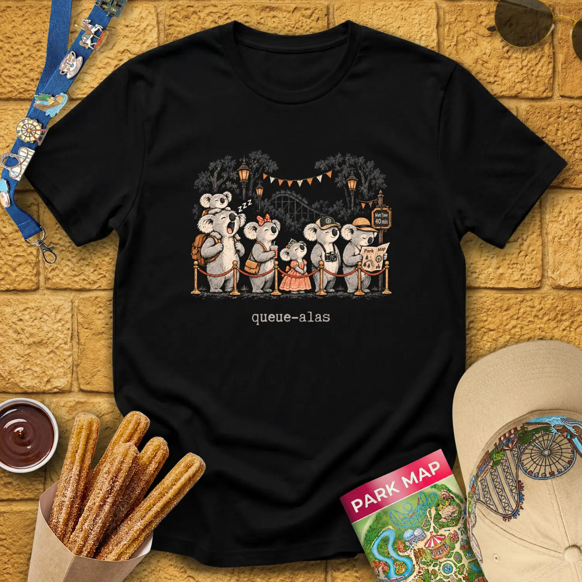 Queue-Alas [Chalky] T-Shirt for Theme Park Fans (Black)
