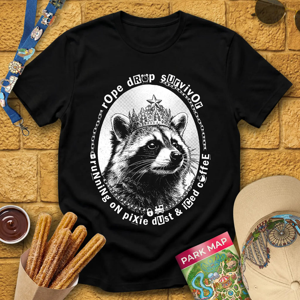 Rope Drop Raccoon [Grunge] T-Shirt for Theme Park Fans (Black)