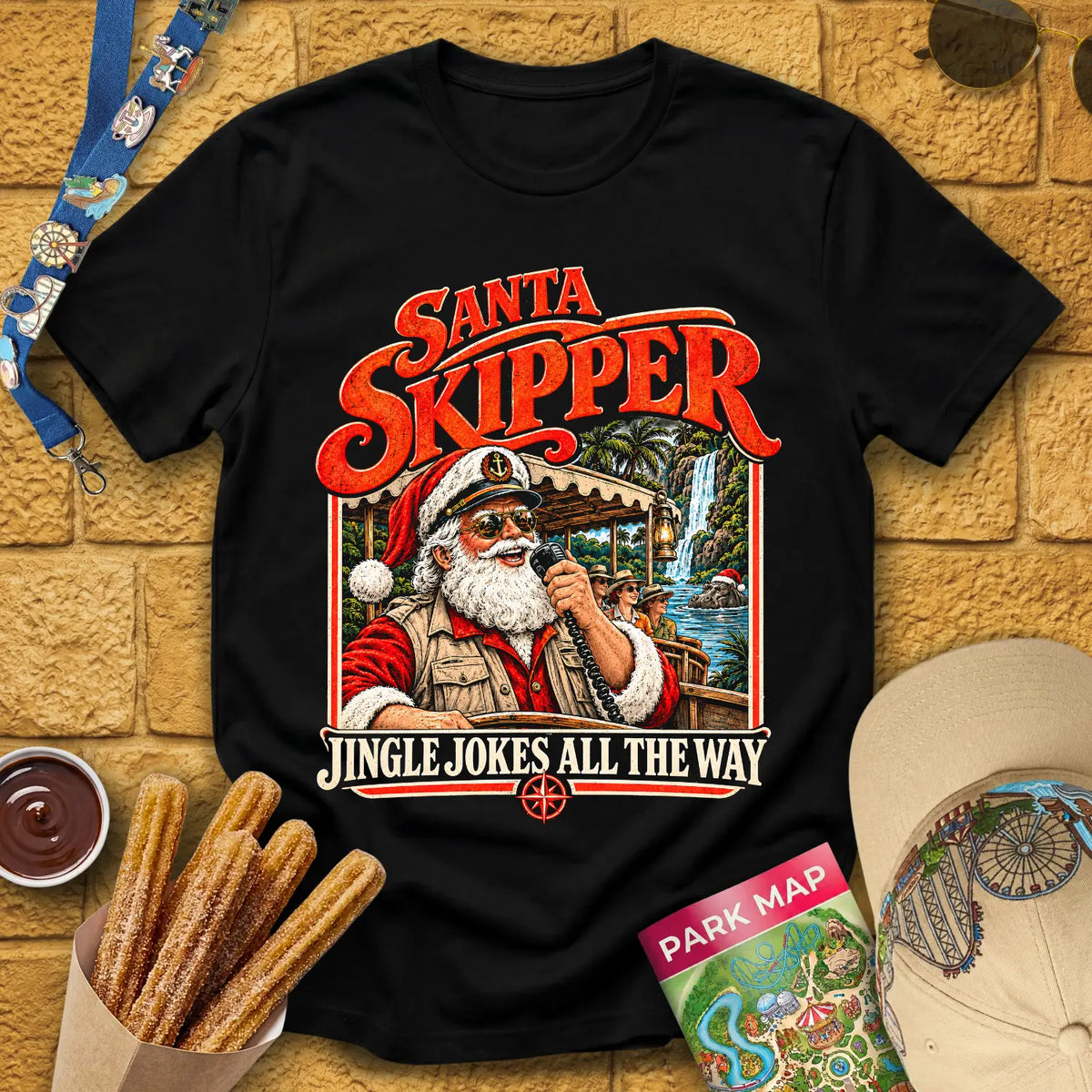 Santa Skipper [Retro] T-Shirt for Theme Park Fans (Black)