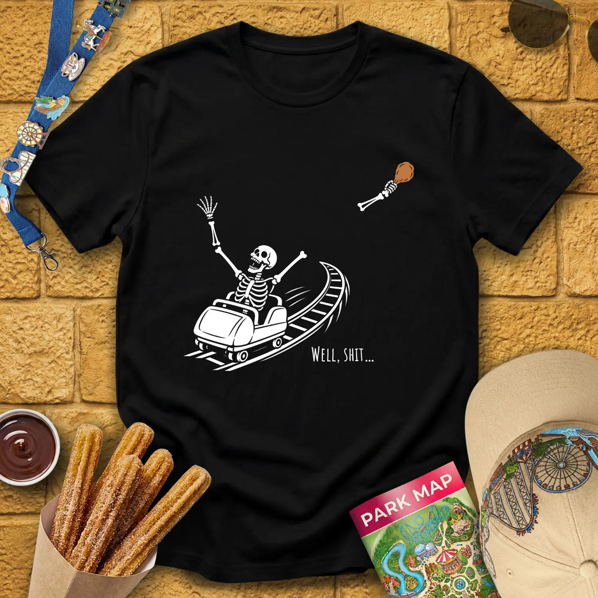 Scared Skeleton [Illu] T-Shirt for Theme Park Fans (Black)