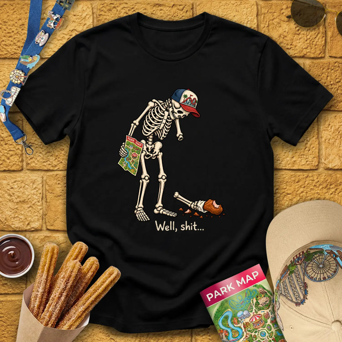 Skeleton & Turkey [Illu] T-Shirt for Theme Park Fans (Black)