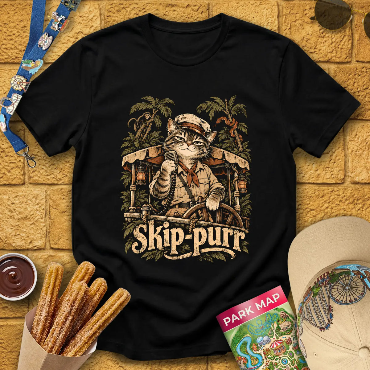 Skip-Purr Cat [Chalky] T-Shirt for Theme Park Fans (Black)