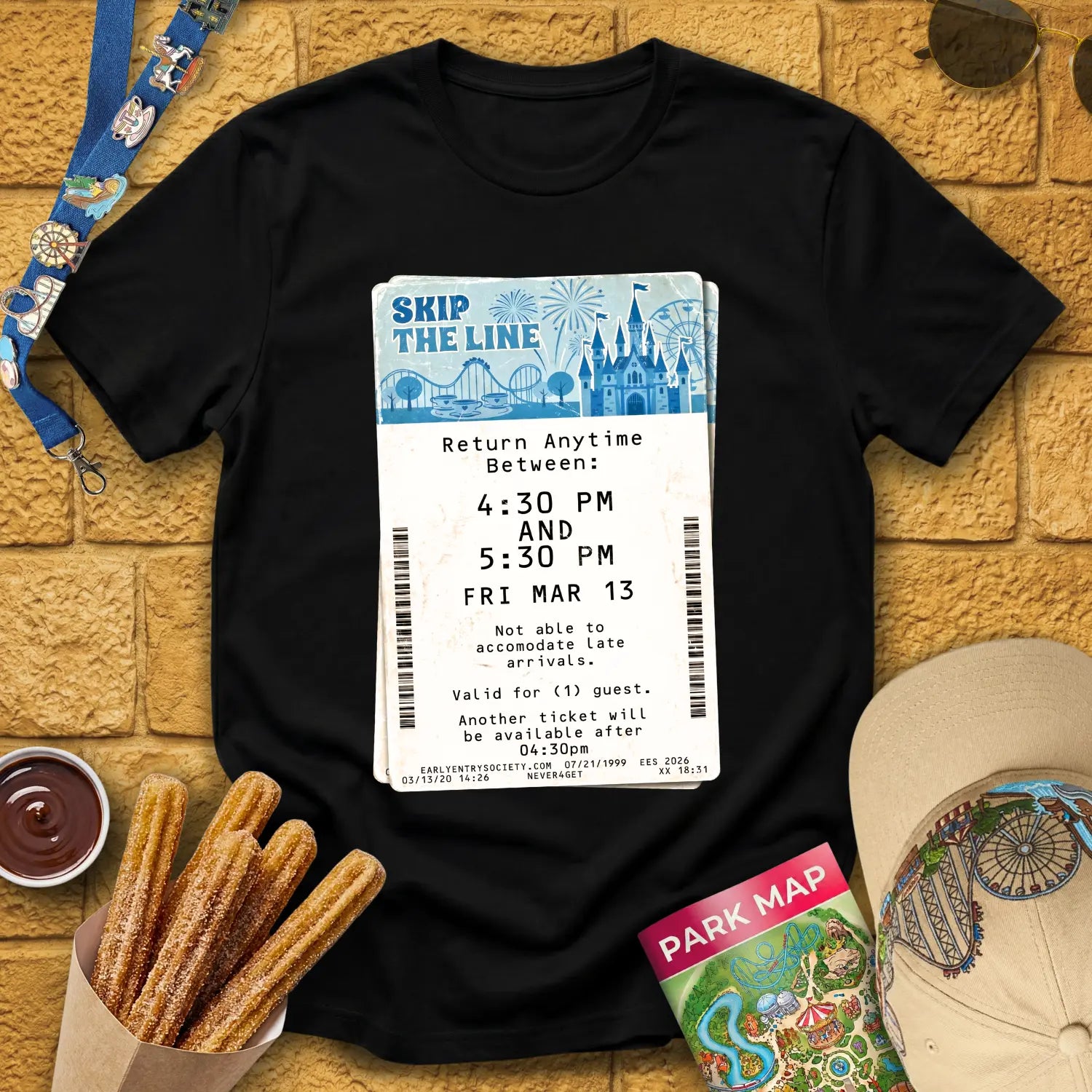 Skip The Line Ticket [Retro] T-Shirt for Theme Park Fans (Black)