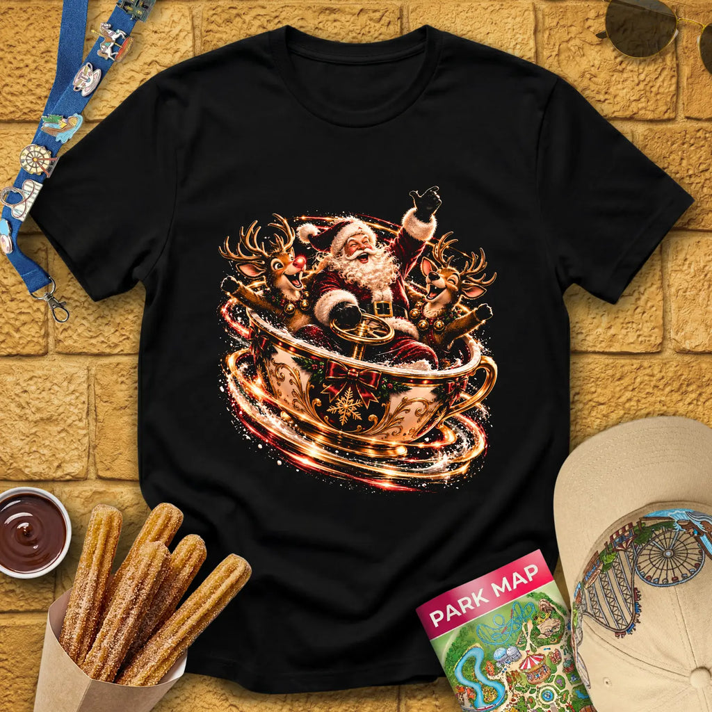 Teacups Santa [Cinematic] T-Shirt for Theme Park Fans (Black)