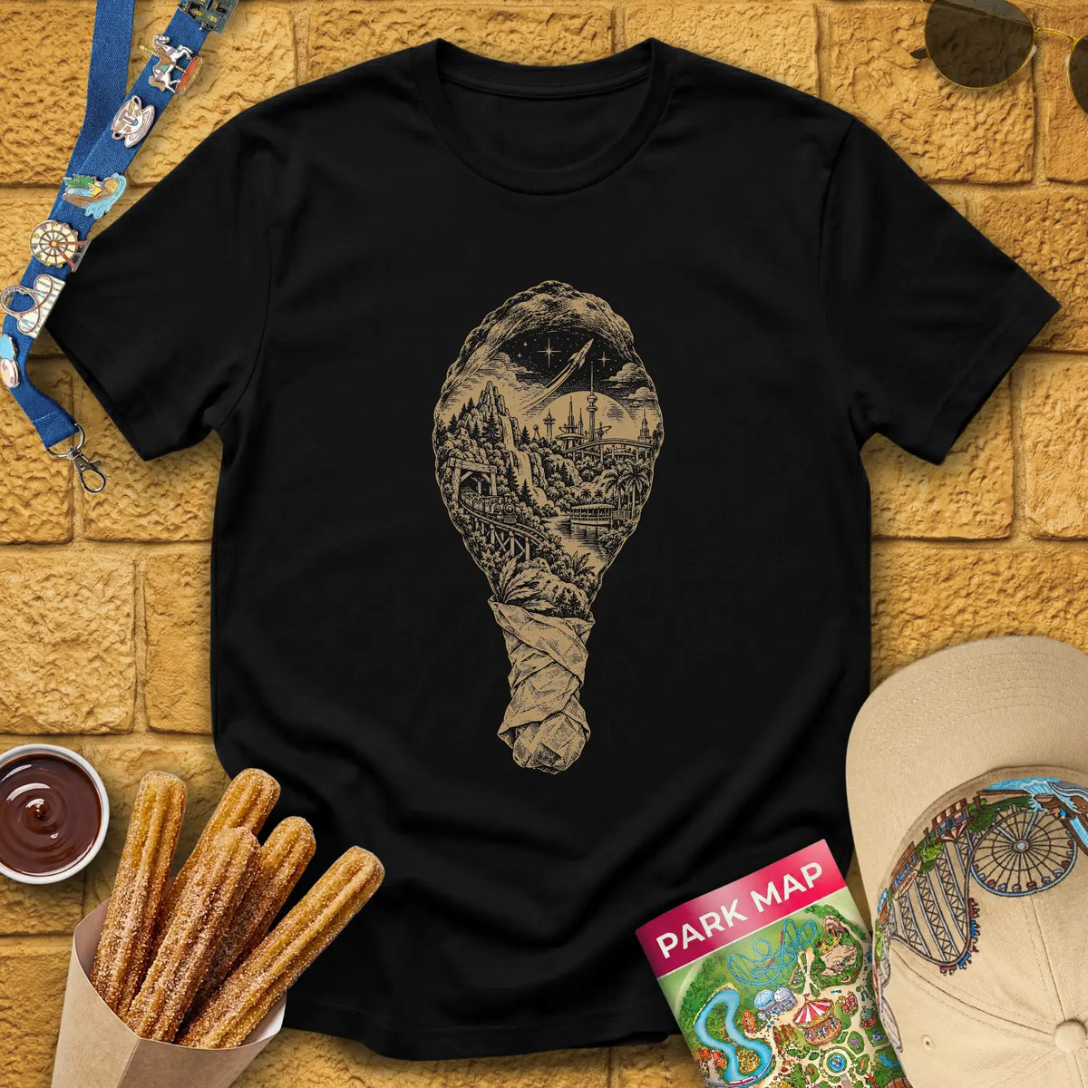 Turkey Leg Park [Monochrome] T-Shirt for Theme Park Fans (Black)