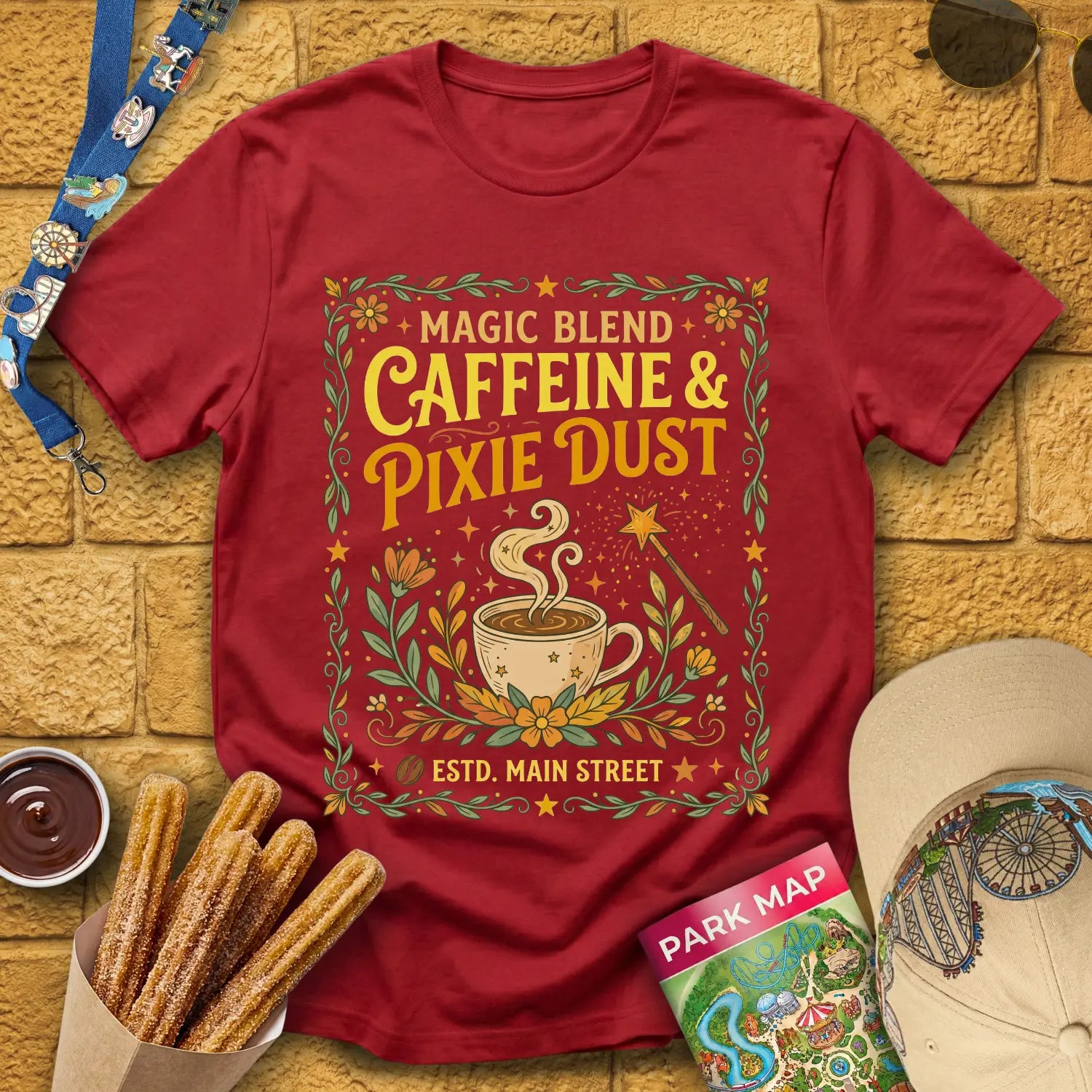 Caffeine & Pixie Dust [RetroBoho2] T-Shirt for Theme Park Fans (Antique Cherry Red)