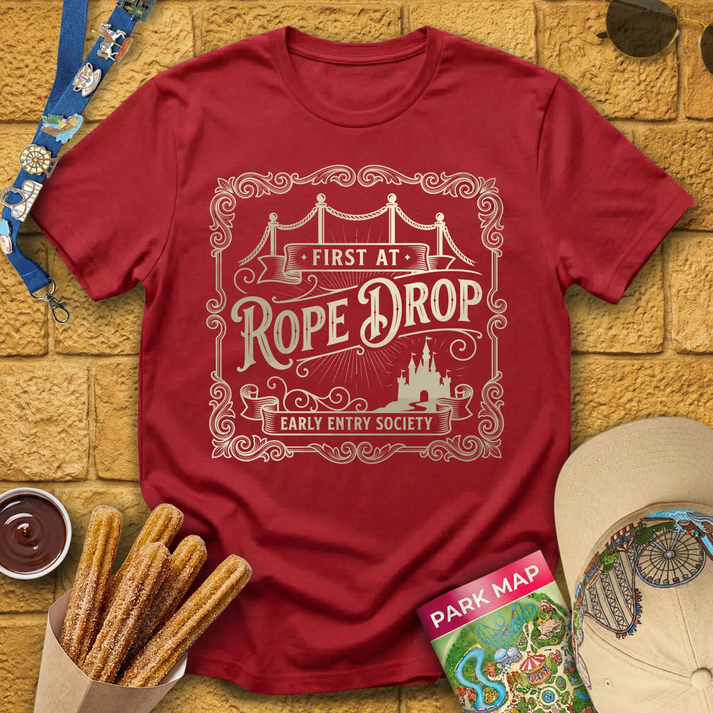 First At Rope Drop [Victorian] T-Shirt for Theme Park Fans (Antique Cherry Red)