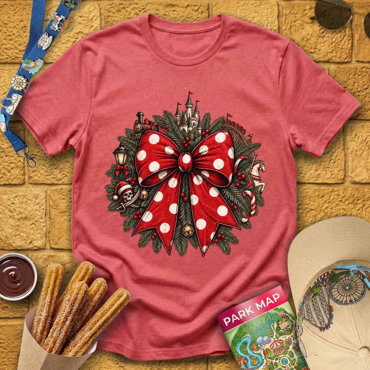 Christmas Ribbon [Vintage] T-Shirt for Theme Park Fans (Heather Red)