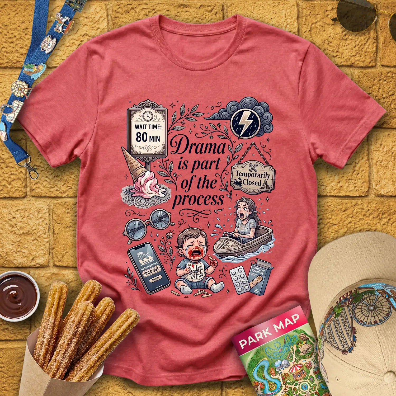 Drama Process [ArtComic] T-Shirt for Theme Park Fans (Heather Red)
