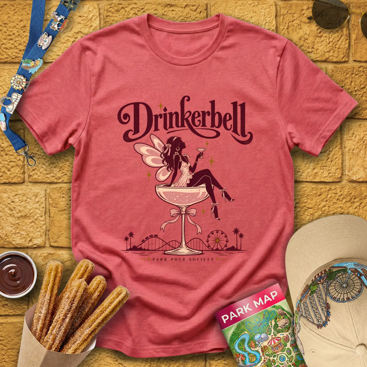 Drinkerbell [Glamour] T-Shirt for Theme Park Fans (Heather Red)