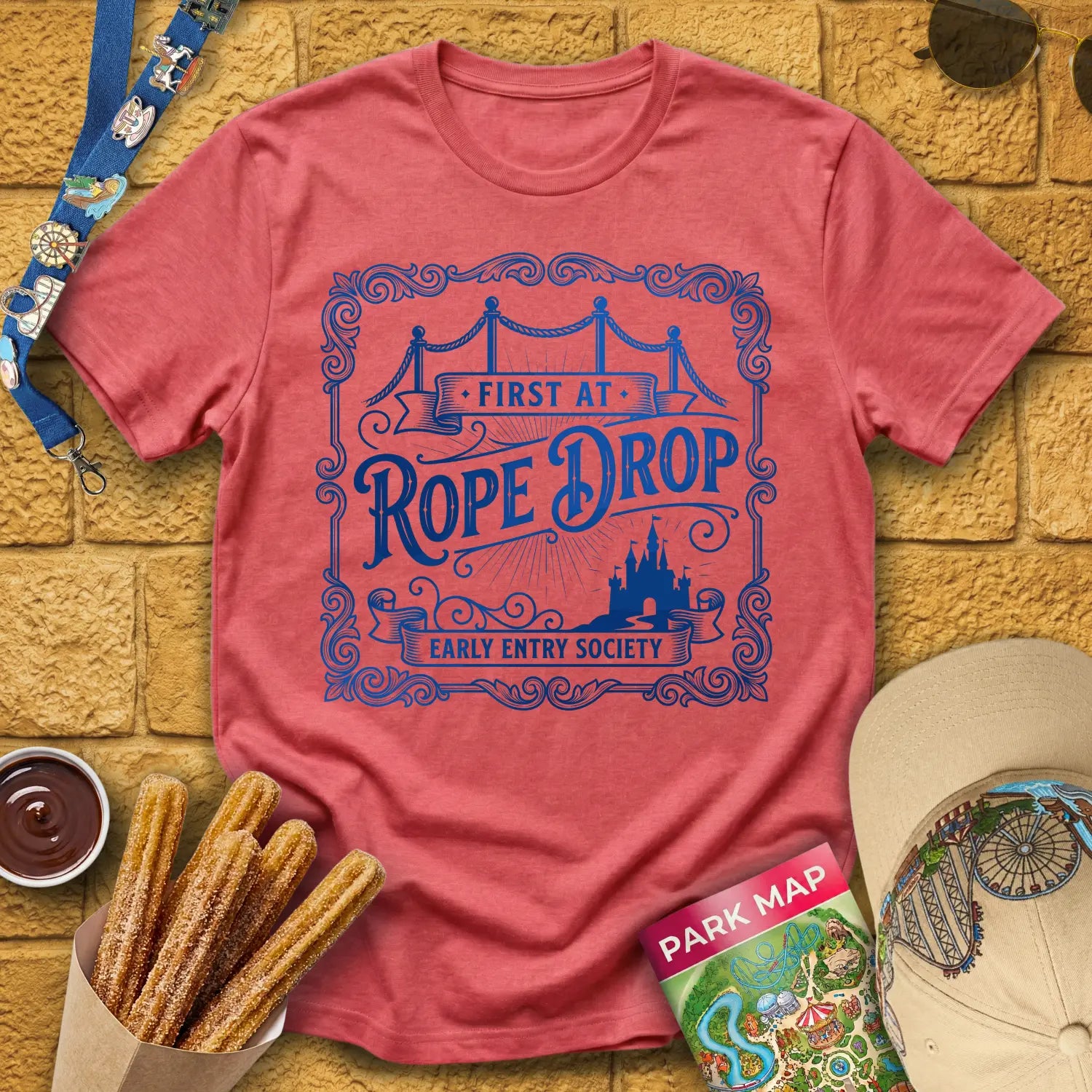 First At Rope Drop [Victorian] T-Shirt for Theme Park Fans (Heather Red)