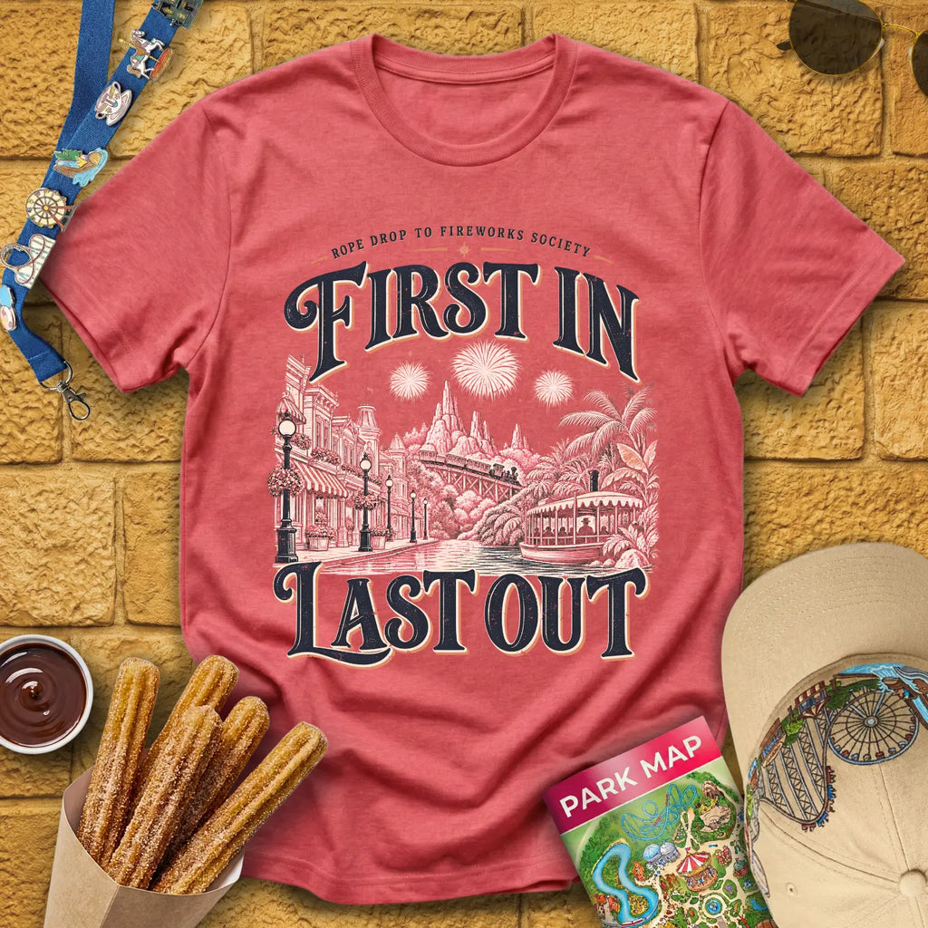 First In Last Out [Retro] T-Shirt for Theme Park Fans (Heather Red)