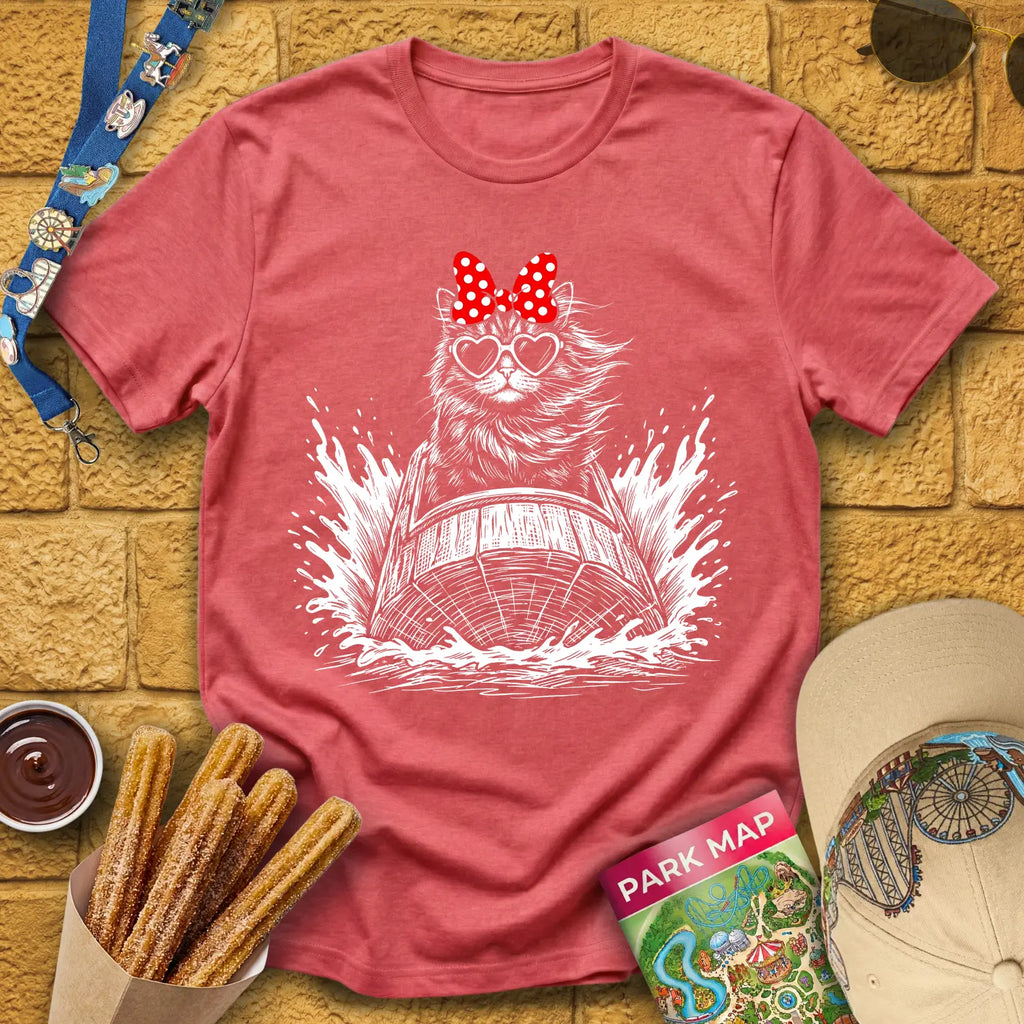 Log Flume Cat [PopInk] T-Shirt for Theme Park Fans (Heather Red)
