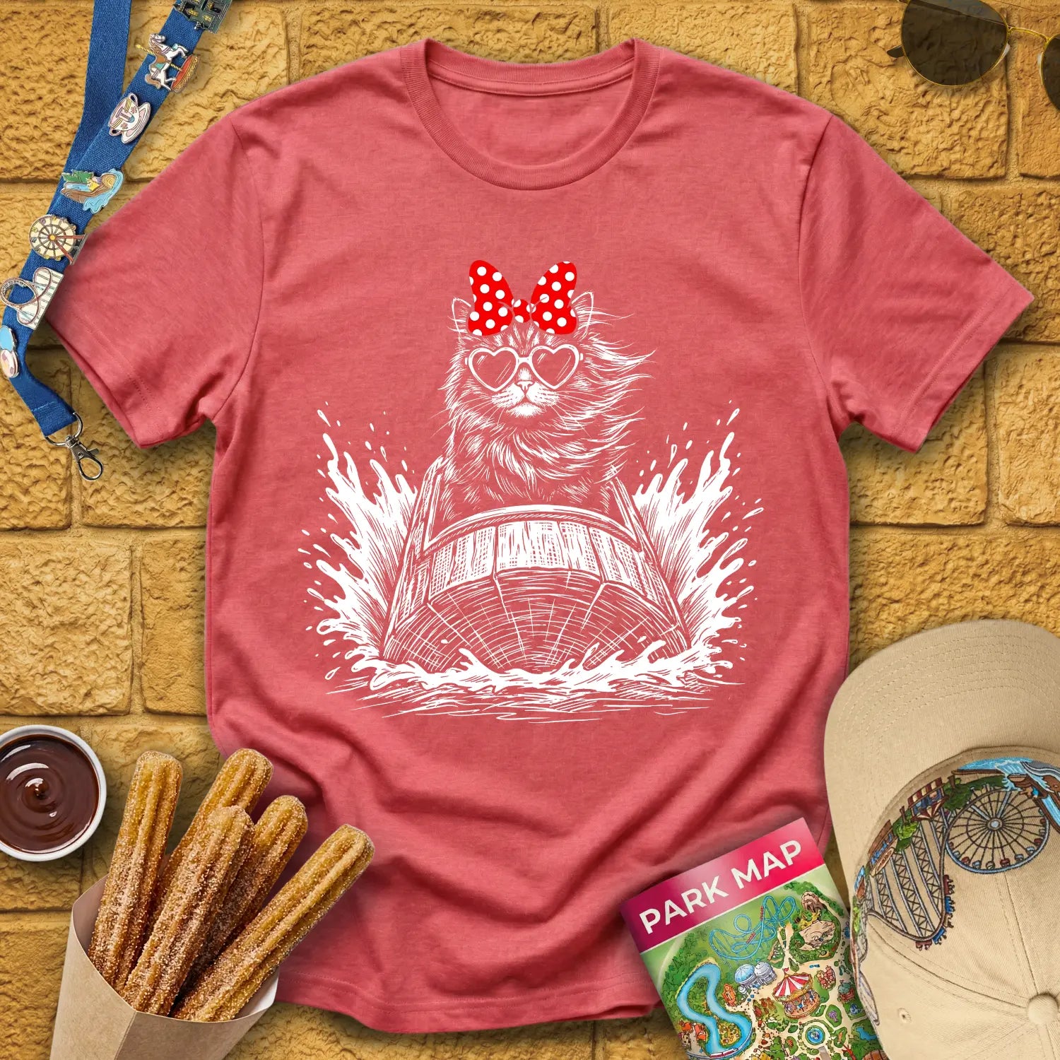 Log Flume Cat [PopInk] T-Shirt for Theme Park Fans (Heather Red)