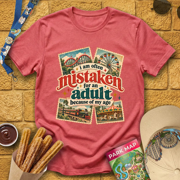 Mistaken For Adult [Vintage] T-Shirt for Theme Park Fans (Heather Red)