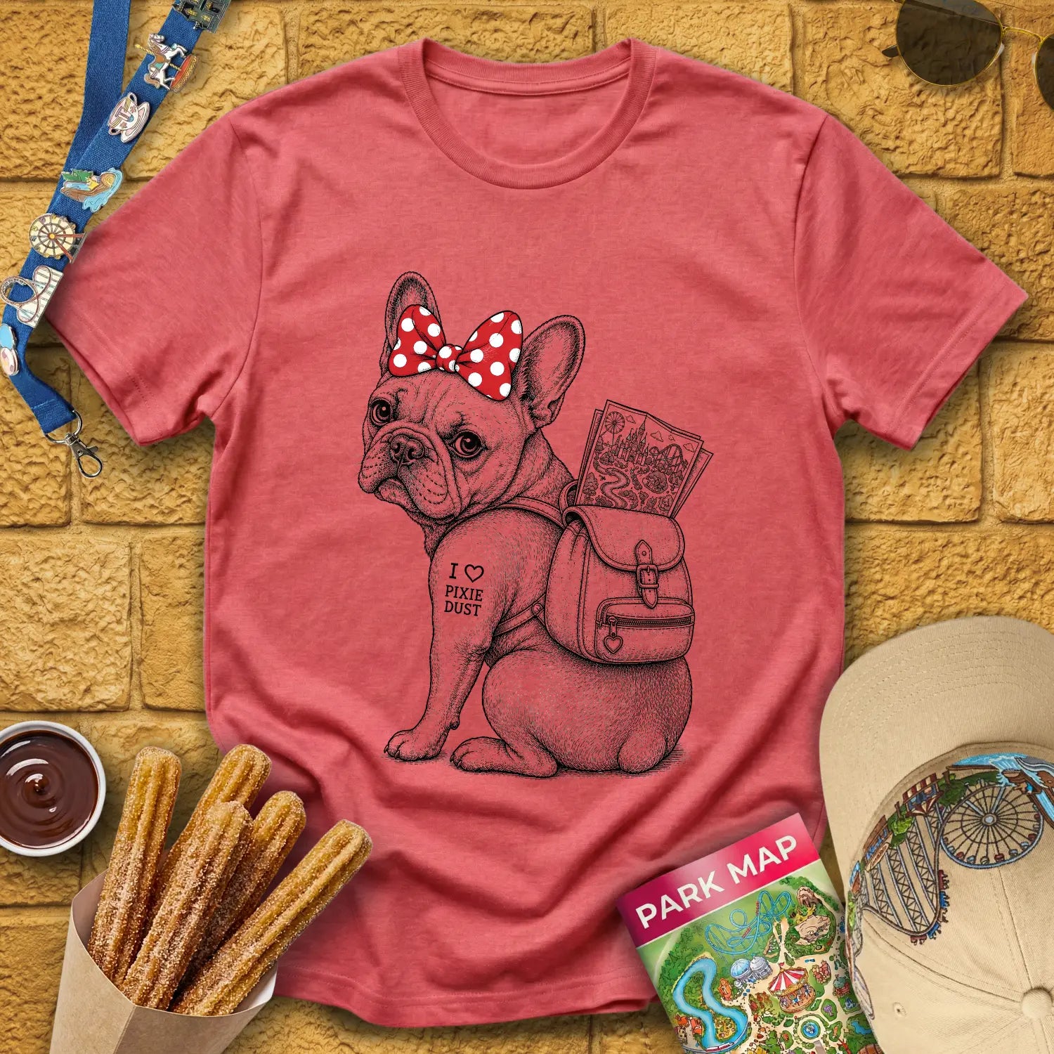 Pixie Dust Frenchie [Woodcut] T-Shirt for Theme Park Fans (Heather Red)