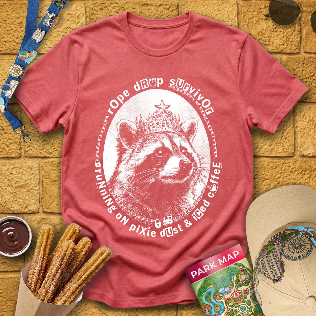 Rope Drop Raccoon [Grunge] T-Shirt for Theme Park Fans (Heather Red)