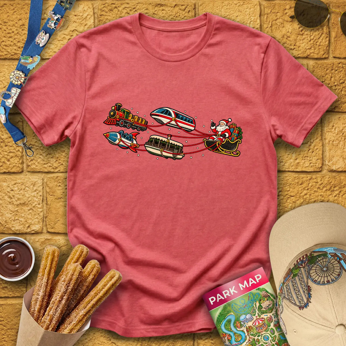 Santa's Special Sleigh [Retro] T-Shirt for Theme Park Fans (Heather Red)