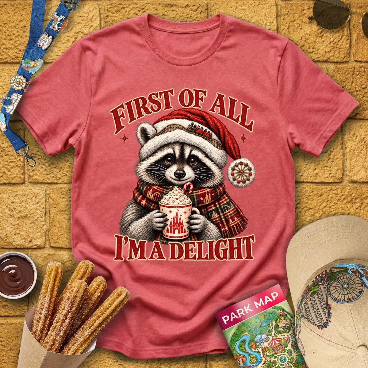 Xmas Raccoon [Etched] T-Shirt for Theme Park Fans (Heather Red)