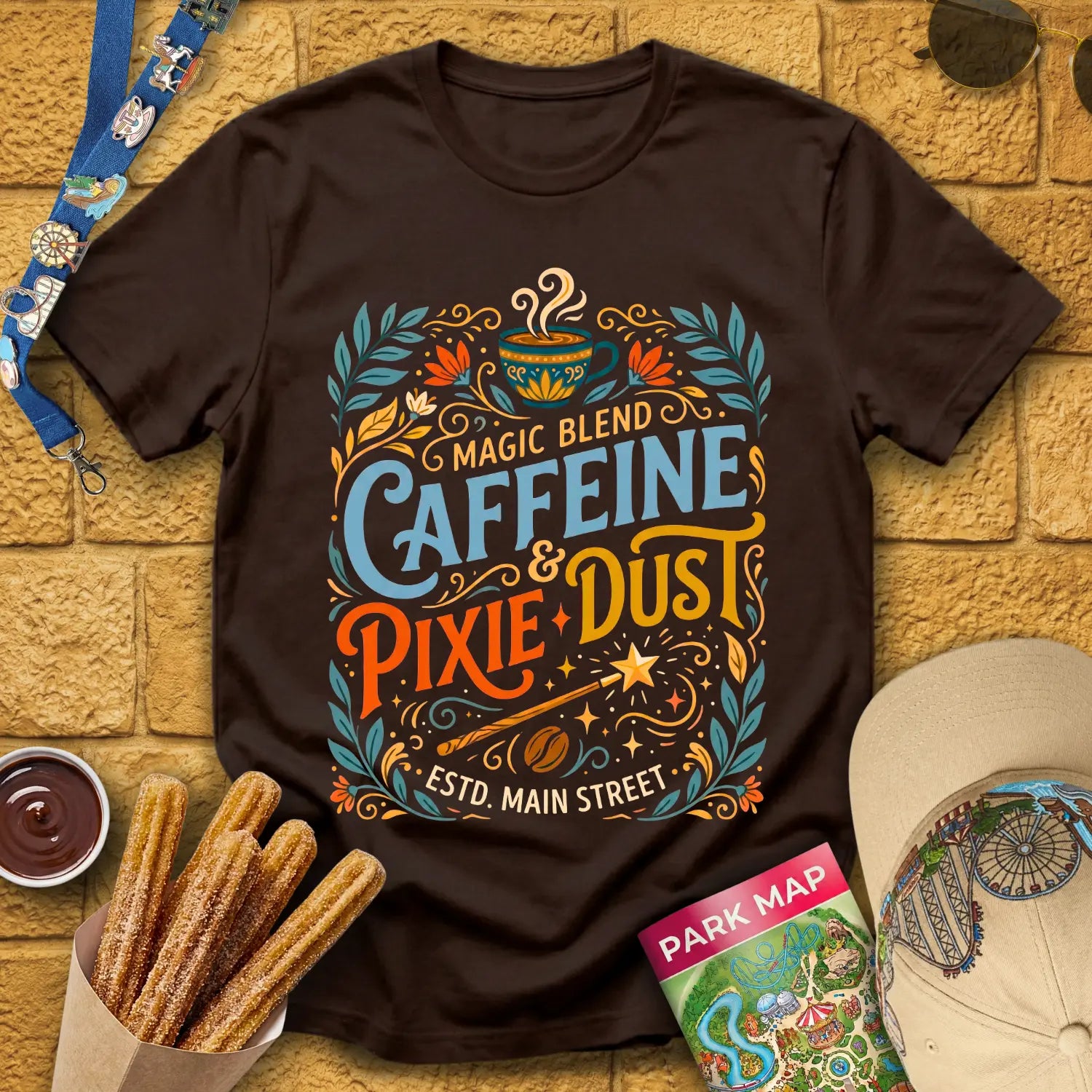 Caffeine & Pixie Dust [RetroBoho1] T-Shirt for Theme Park Fans (Dark Chocolate)