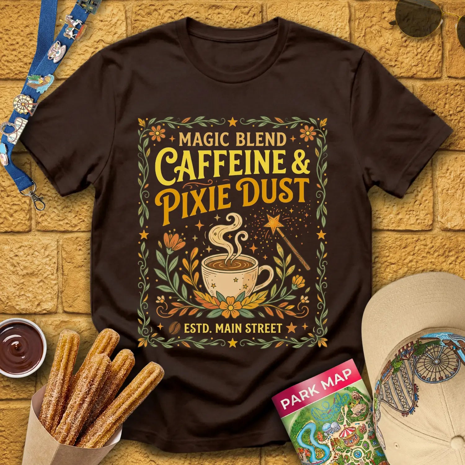 Caffeine & Pixie Dust [RetroBoho2] T-Shirt for Theme Park Fans (Dark Chocolate)
