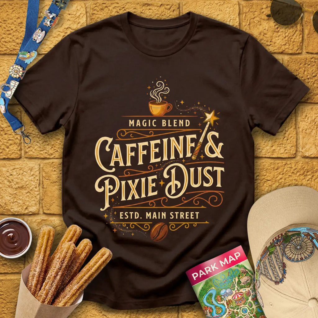 Caffeine & Pixie Dust [VictorianOval] T-Shirt for Theme Park Fans (Dark Chocolate)
