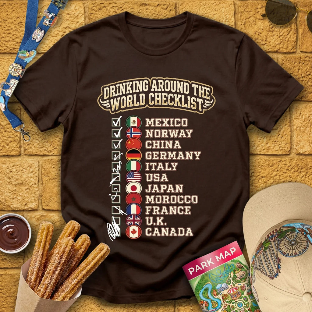 Drinking Checklist [College] T-Shirt for Theme Park Fans (Dark Chocolate)