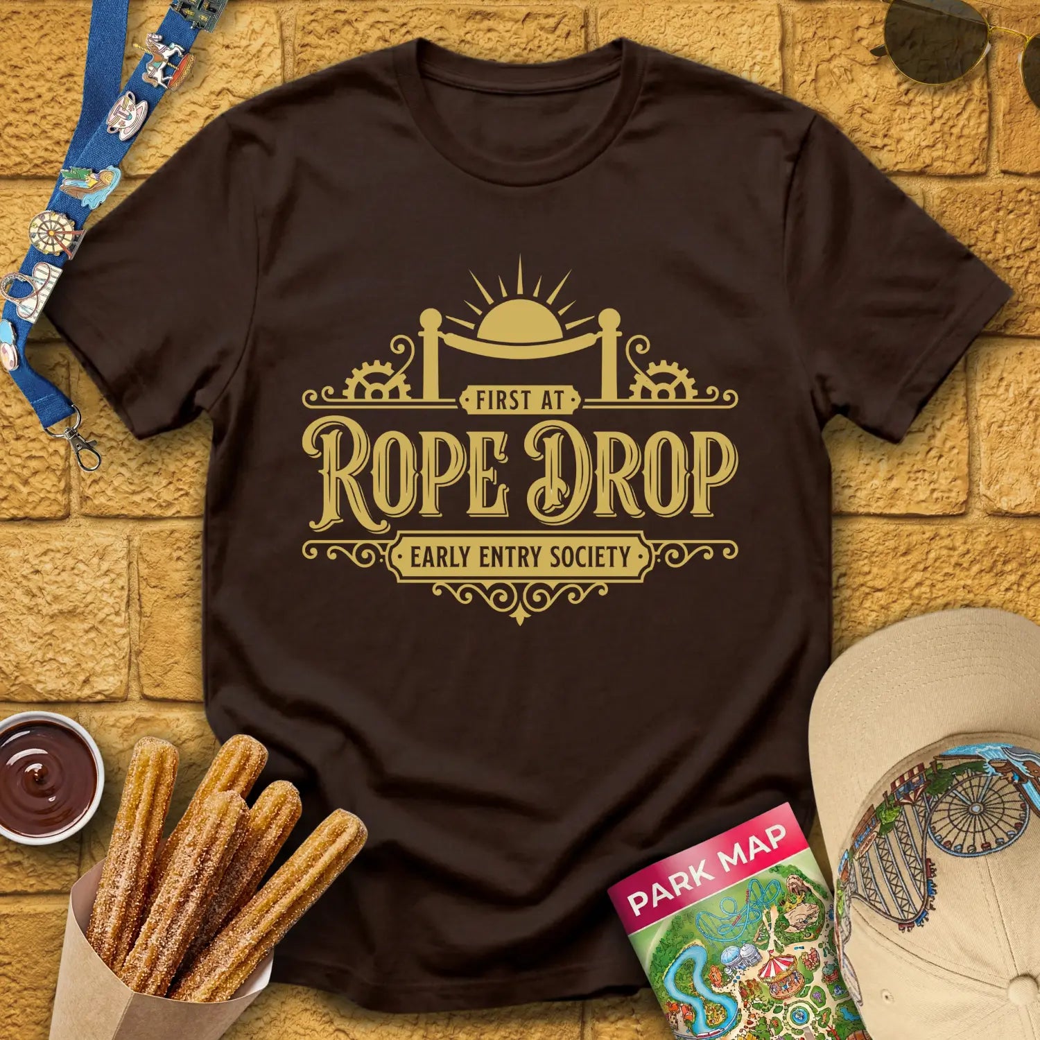 First At Rope Drop [VictorianSleek] T-Shirt for Theme Park Fans (Dark Chocolate)