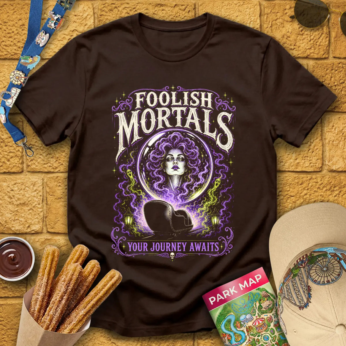 Foolish Mortals Journey [Retro] T-Shirt for Theme Park Fans (Dark Chocolate)