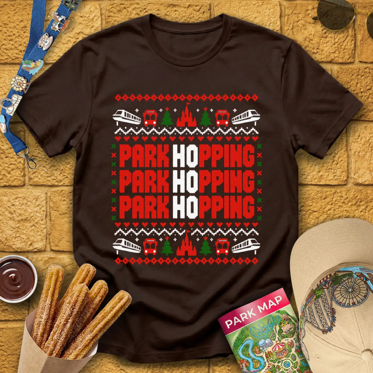 Ho Ho Hopping [PixKnit] T-Shirt for Theme Park Fans (Dark Chocolate)