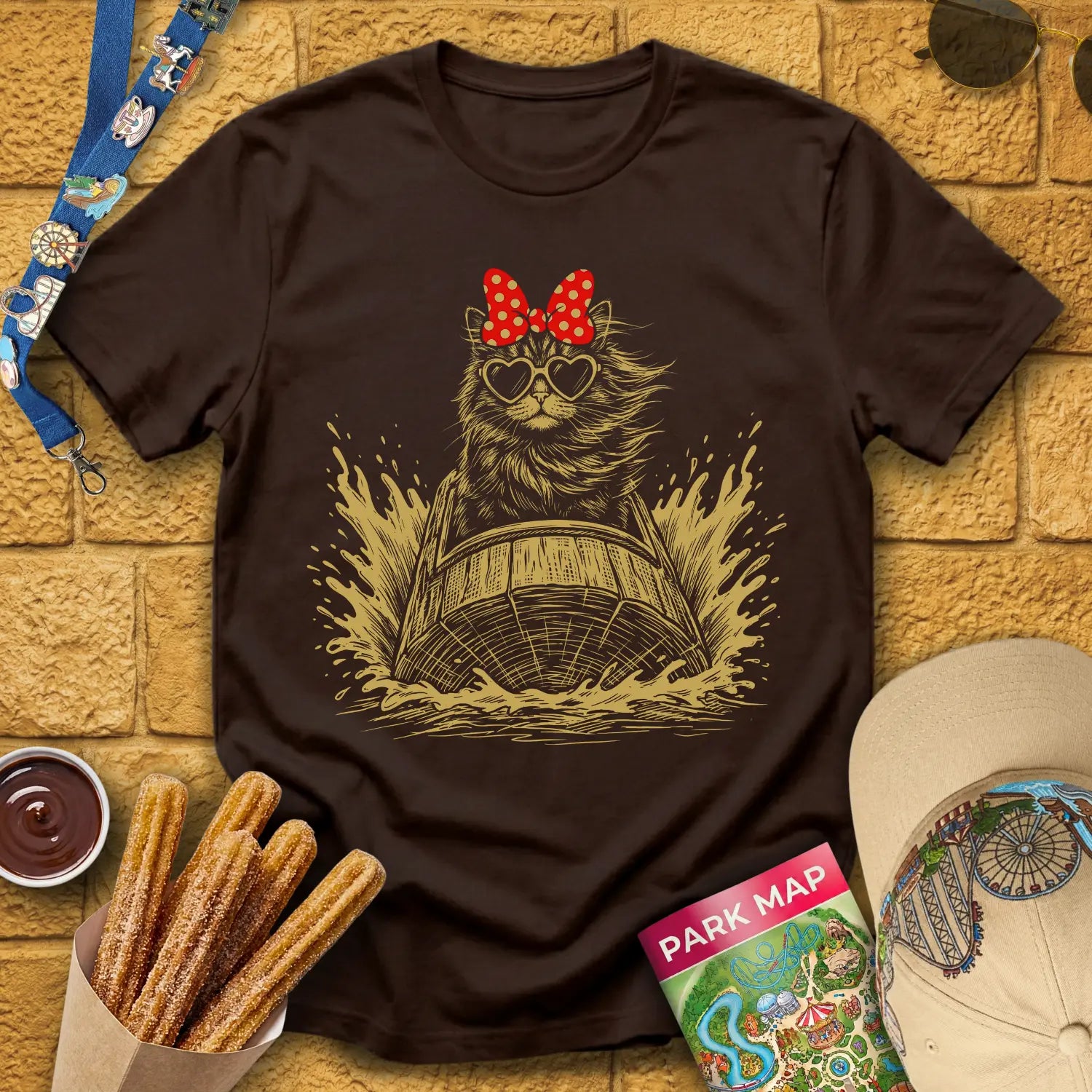 Log Flume Cat [PopInk] T-Shirt for Theme Park Fans (Dark Chocolate)