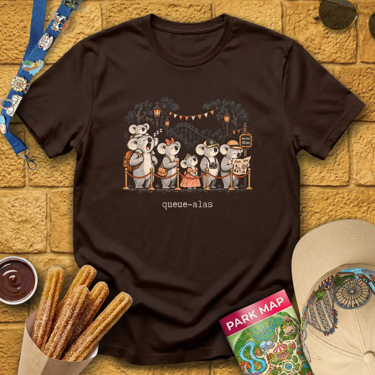 Queue-Alas [Chalky] T-Shirt for Theme Park Fans (Dark Chocolate)