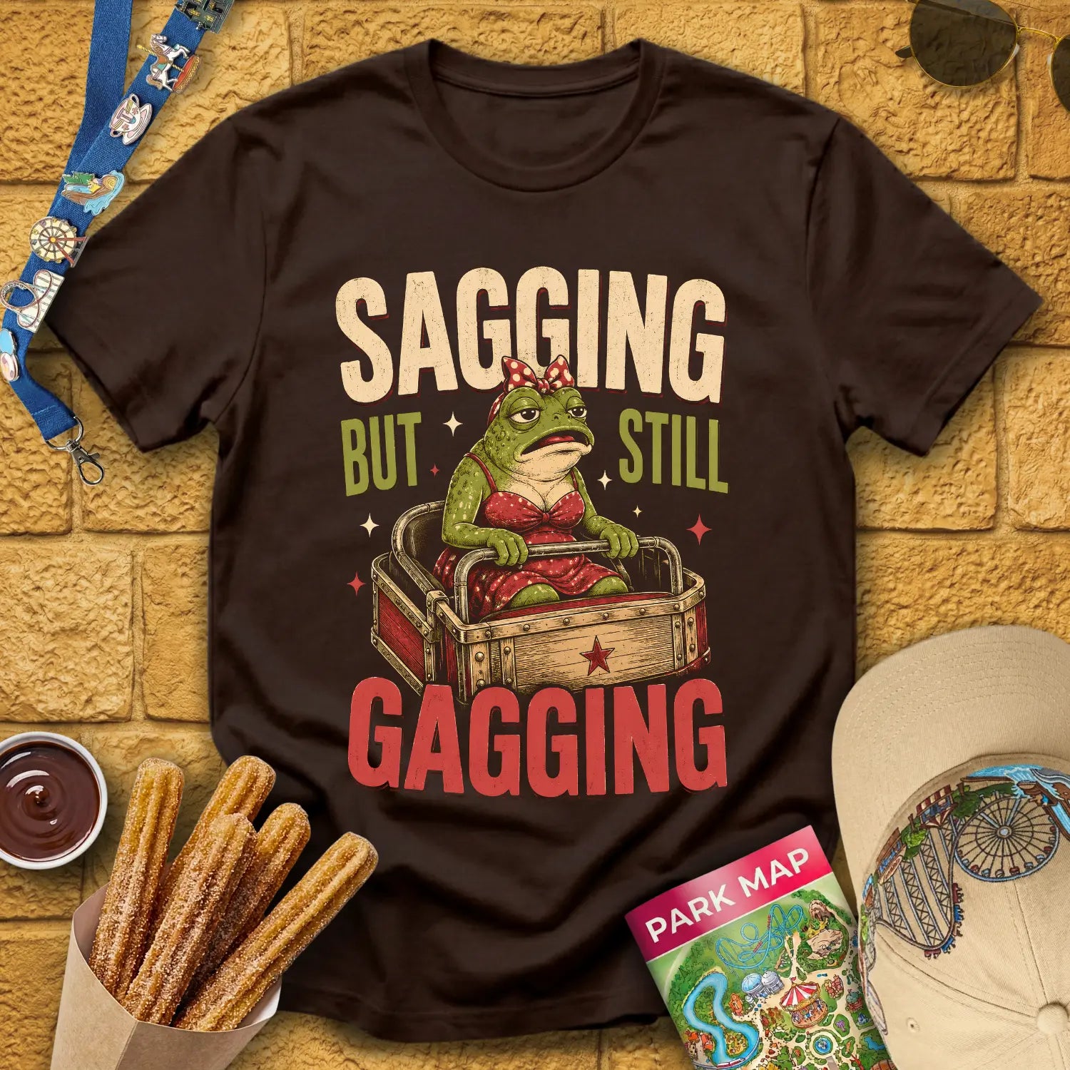 Sagging But Gagging [Etched] T-Shirt for Theme Park Fans (Dark Chocolate)