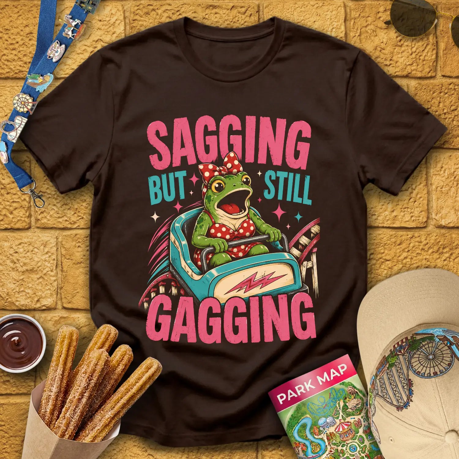 Sagging But Gagging [RetroPop] T-Shirt for Theme Park Fans (Dark Chocolate)