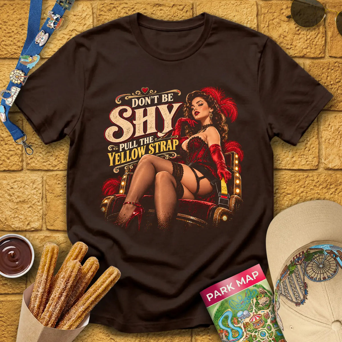 Shy Yellow Strap [Cinematic] T-Shirt for Theme Park Fans (Dark Chocolate)
